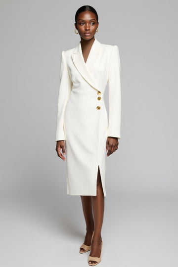 White Notched Lapel Sheath Work Dress with Long Sleeves